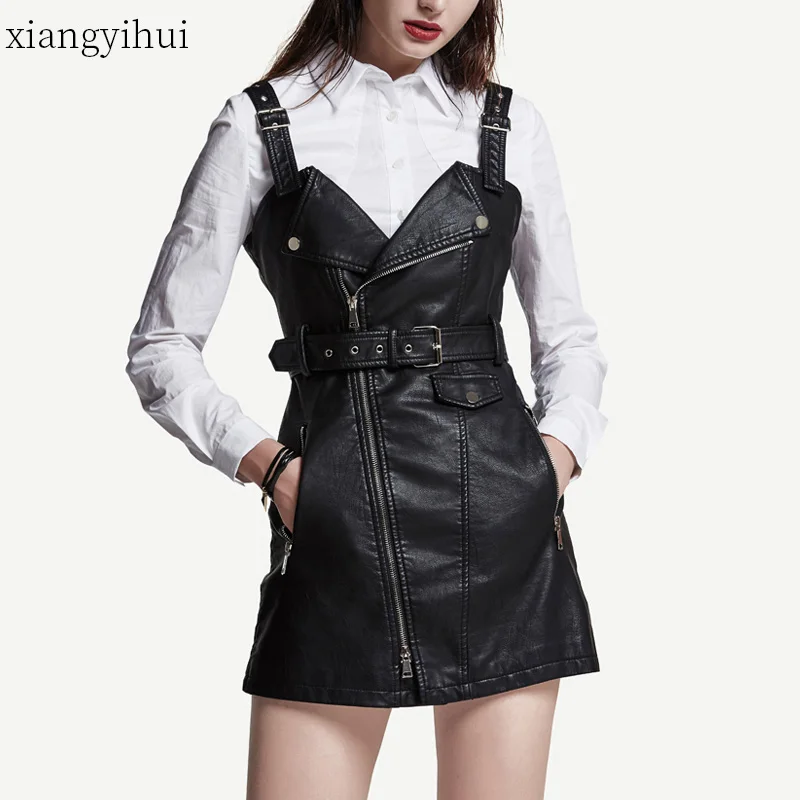

Genuine Real Leather A Line Dresses for Womens 2020 Korean High Street Fashion Zip Suspender Short Dress Black Mini Vestido XXL