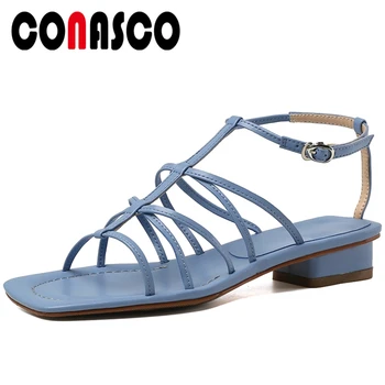 

CONASCO Concise Fashion Women Sandals Genuine Leather Summer New Arrival Narrow Band Rome Style Heels Ankle Strap Shoes Woman