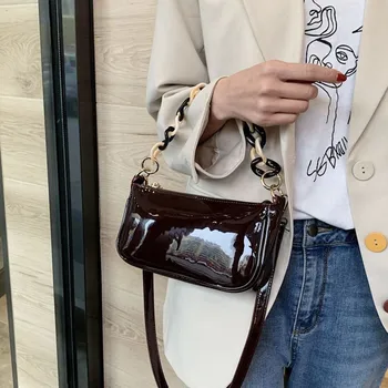 

Women New Patent Leather Retro Texture Baguette Bag High Quality Personality Chain Shoulder Bag Lady Designer Luxury Handbag