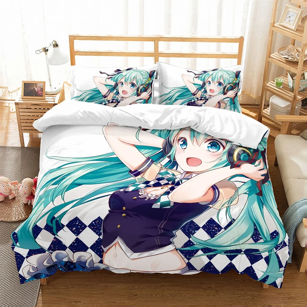 

Anime Hatsune Miku Bed Linen Set 3D Print Bedding Set 3PCS White Cartoon Microfiber Duvet Cover Set Bedclothes