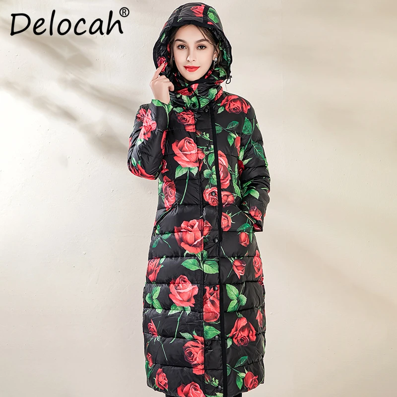 

Delocah Women Down Coat Runway Fashion Designer Rose Flower Printed 90% White Duck Down Jacket Winter Warm Hooded Ladys Overcoat