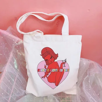 

Happy Valentine Day Cute Little Devil Cartoon Canvas Shoulder Bags Female Harajuku New Ulzzang Fun Large Capacity Messenger Bag