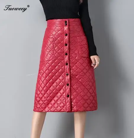 Большие размеры 3XL,, красная осенне-зимняя женская пуховая юбка в Корейском стиле, прямые повседневные элегантные милые теплые Облегающие юбки до колена