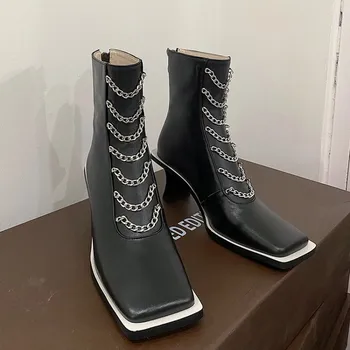 

Womens Sequare Toe Metal Chain Ankle Boots Genuine Leather Strange High Heel Shoes Warm Winter Black White