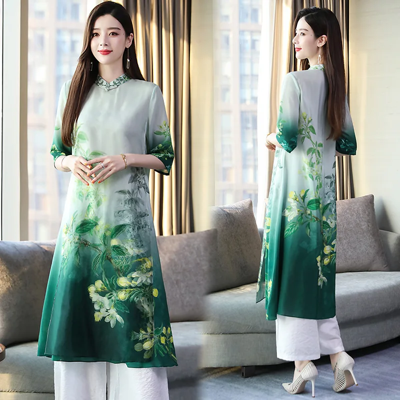 

Versitile Fashion Set 2019 Summer Trend Comfortable Simple Printed Two-Piece Set Improved Cheongsam Dress