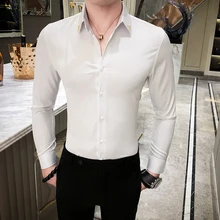Мужские рубашки, черные, с длинным рукавом, белые, деловые рубашки, мужские, облегающие, на пуговицах, офисные, официальные, повседневные, весенние, одноцветные