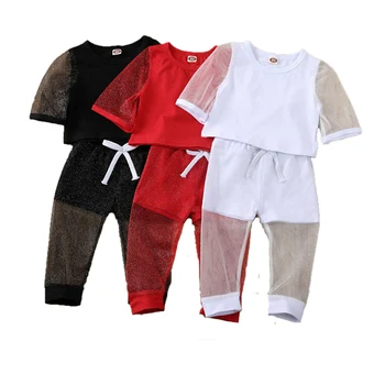 

2020 Fashion 2Pcs Baby Girl Clothes Kid Girl Outfit Clothes Mesh T-shirt Top+See-Through Pant Toddler Girls Summer Clothing 1-5Y