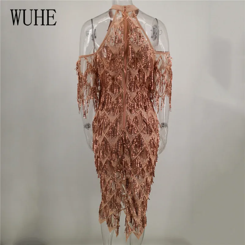 WUHE, сексуальное, тонкое, с блестками, с бахромой, платье, элегантное, с открытыми плечами, половина рукава, облегающее, с кисточками, платье для женщин, с вырезами, для вечеринки, vestidos