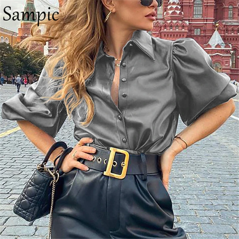 Sampic женская блузка из искусственной кожи с длинным рукавом пышная винтажная