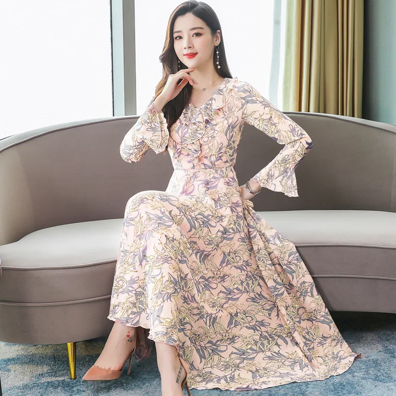 

2019 Autumn New Style Kuotaitai Lady Dress Mid-length Korean-style Slimming Middle-aged Women's over-the-Knee Chiffon Skirt
