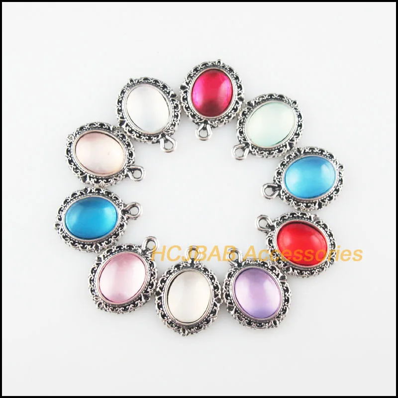 20Pcs Tibetan Silver Tone Flower Mixed Resin Oval Charms Pendants 13.5x18mm