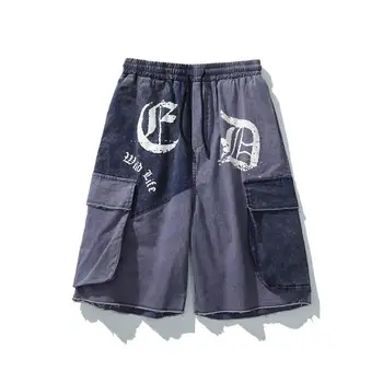 

Gothic High Street Pockets Washed Retro Shorts Men Rotten Edge Asymmetrical Loose Cargo Shorts Harajuku Oversize Five-point Pant