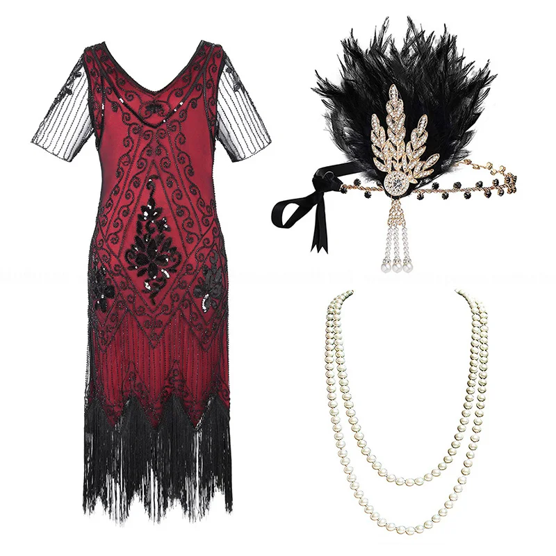 red-black-set Женские 1920s размера плюс Great Gatsby Хлопушки блесток бисера платье с ревущими 20s аксессуары набор для вечерние - Цвет: red-black-set