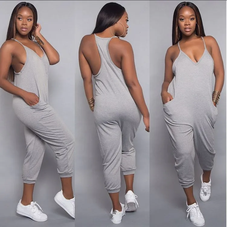 

Nice Sexy Spaghetti Strap Sleeveless Loose Jumpsuit Nice Tide Women Deep V-Neck Pocket Summer Romper Solid Casual Overalls