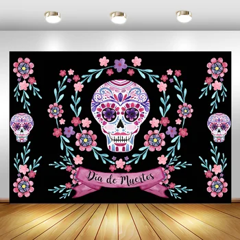 

Day of The Dead Backdrop for Mexican Fiesta Sugar Skull Flowers Photography Background Dia DE Los Muertos Birthday Party Banner