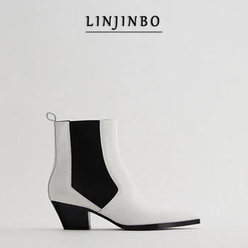 

LINJINBO Autumn Chelsea Boots Women White Pointed Toe Western Cowboy Boots Female 2020 New Temperament Slip-on Women Shoes