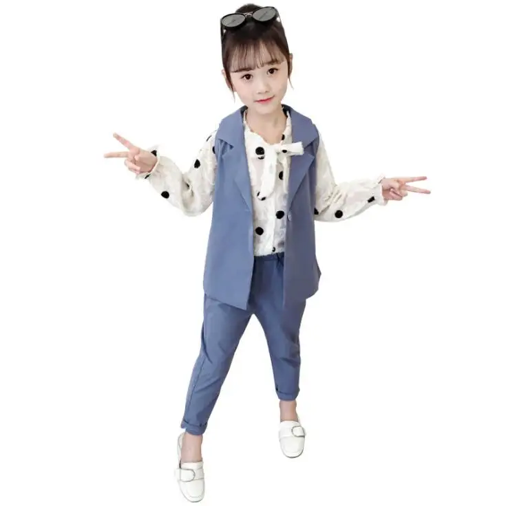 9.5th Big Girls 3pcs Suit size 110-160cm Autumn Dot Long Sleeve Shirt+ Vest+ trousers Children's suit Retail