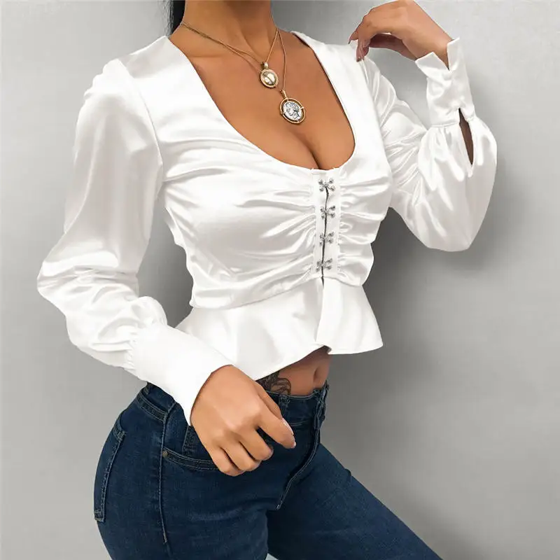 

2020 Fashion Summer Long Sleeve Cropped Blouse Shirt Casual Crop Tops Blusas Femininas