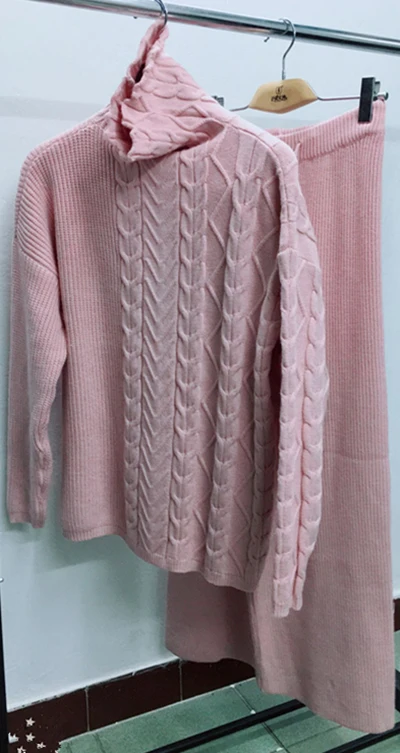 Зимний модный женский шерстяной вязаный костюм, повседневный утепленный свитер-водолазка и широкие штаны, комплект из 2 предметов для женщин - Цвет: Pink