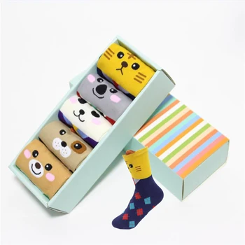

Hot-sell women cartoon socks gift box 5pairs/lot colorful animal cotton sock femme and woman's cartoon dog sock set