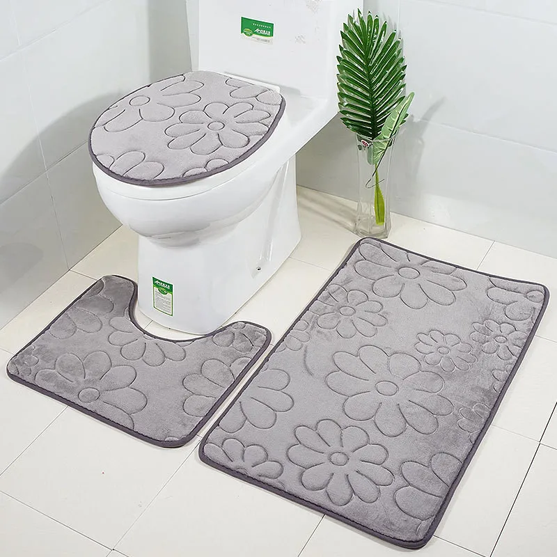 3Pcs Bathroom Non-Slip Solid Color Pedestal Rug Lid Toilet Cover Bath Mat-Gary 