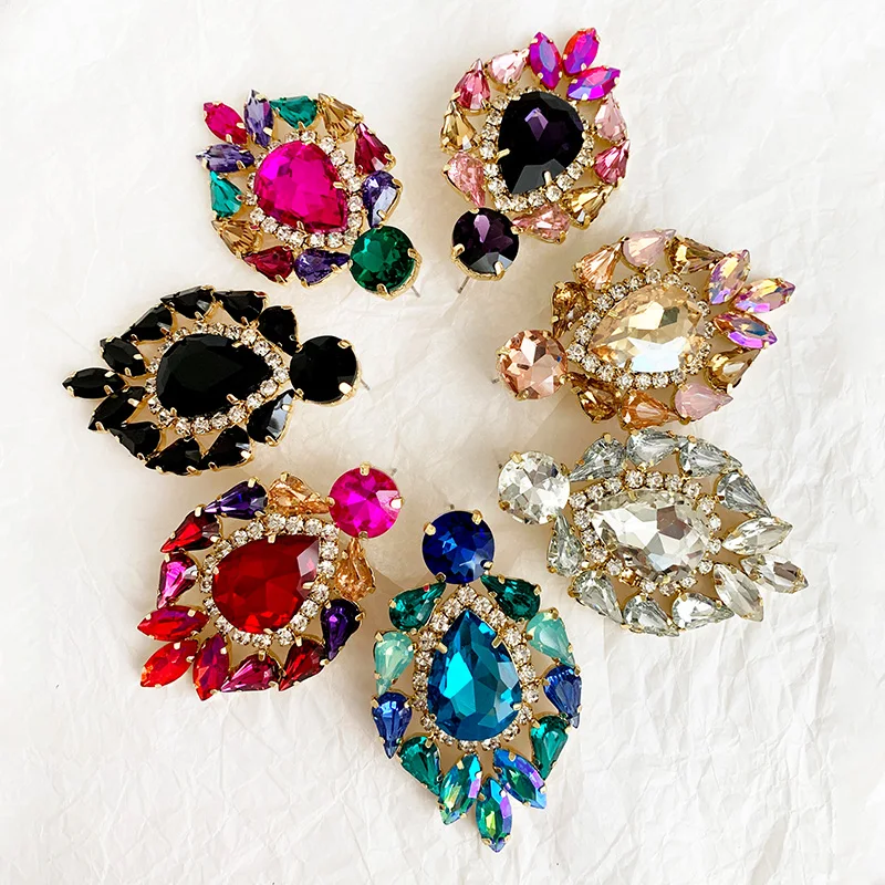 Handmade blue Big Crystal Flower Earring Vintage Ethnic Bohemian Rhinestone Long Tassel Drop Dangle Earrings for Women Jewelry