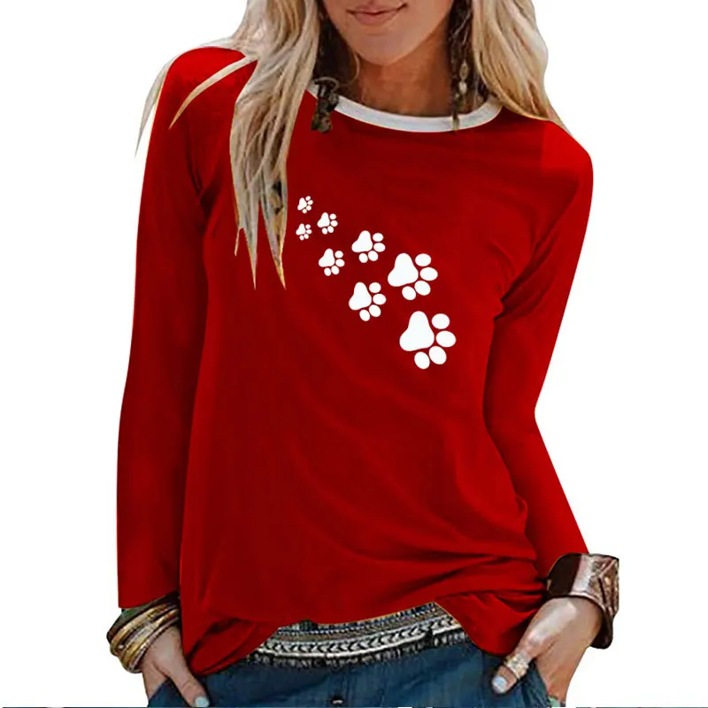 Bear Paw Print Long Sleeve T-shirts Women Autumn Winter Shirts for Women Loose White