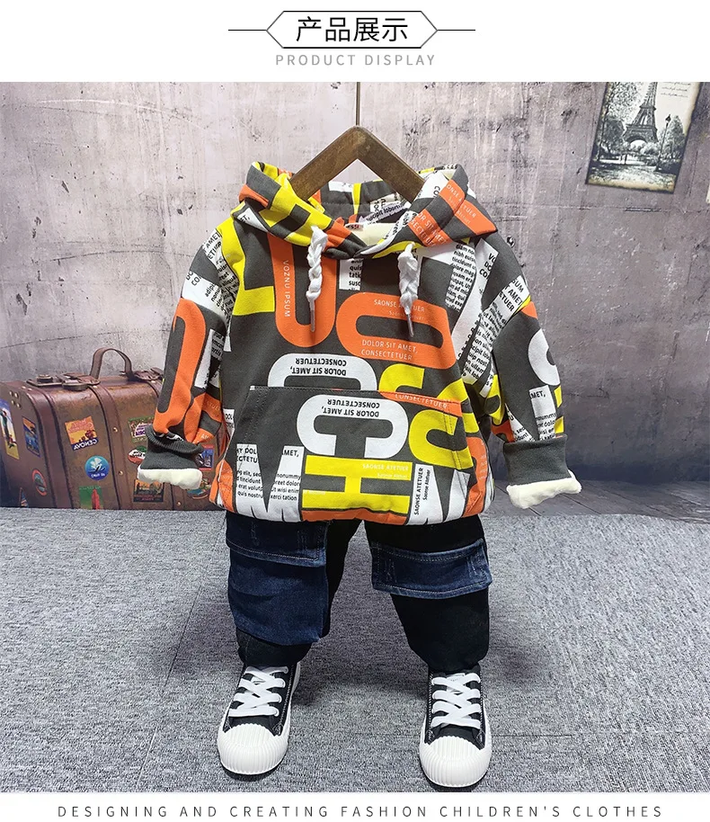 New style casual baby boy clothes winter baby boys plush hoodie+ plush jeans 2pcs sets Children's clothes 2-6years boys sets
