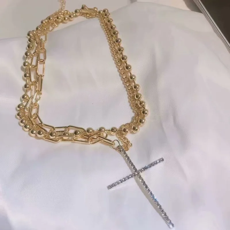 Korean luxury zircon cross pendant necklaces for women hip hop cool gold color beads chain geometric necklace jewelry