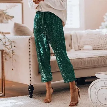 

2020 Gold Sequin Shiny Beam Wide Leg Women Pants Casual Party Harem Pants High Waist Lace Up Trousers Fashion Streetwear M0142