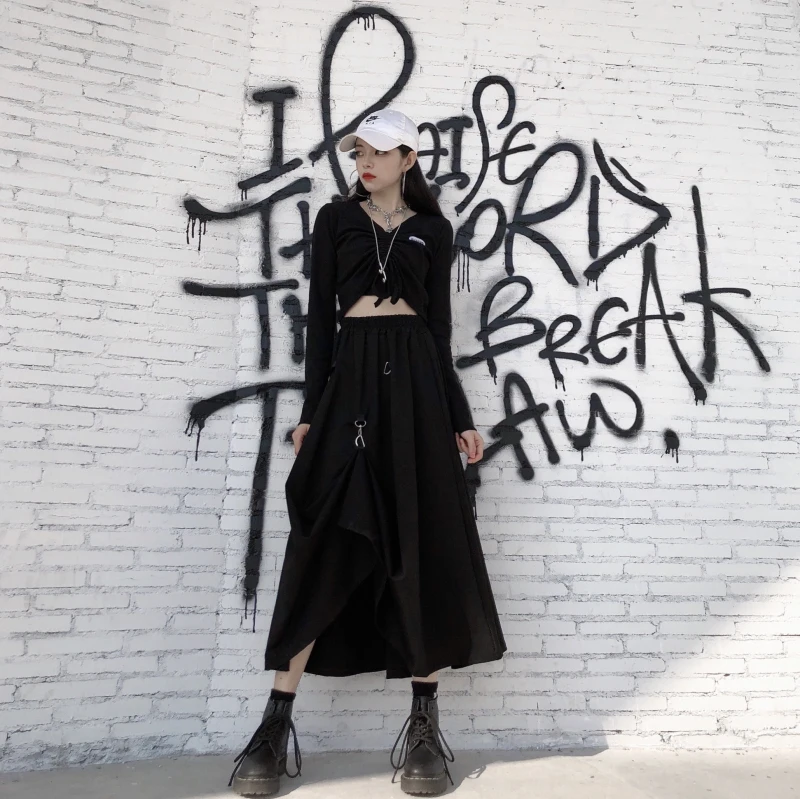 Женская сексуальная высокая талия Harajuku готика миди длинная панк уличная кольцо лента Свободная юбка корейский спортивный костюм черный Винтаж хип хоп