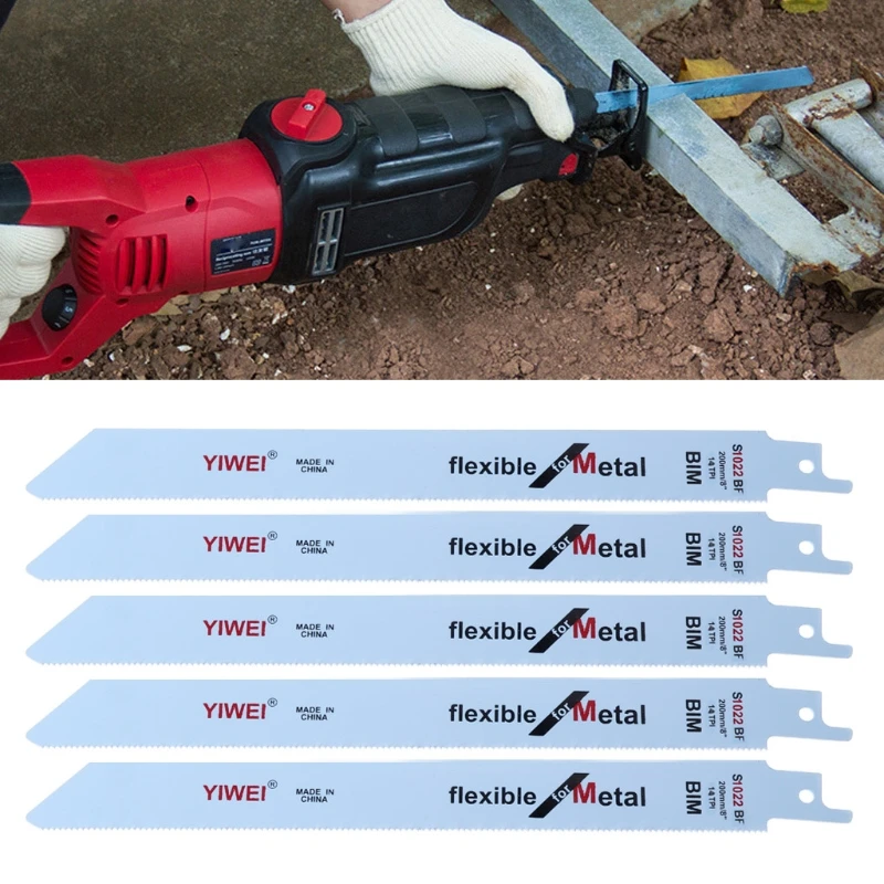 

5 Pcs S1022BF BIM 202mm 8\" Reciprocating Sabre Saw Blades Set Flexible For Metal L4MF