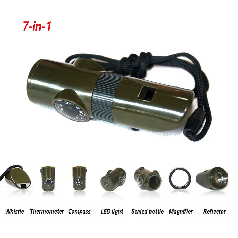 

7-in-1 multi-functional Whistle Compass LED Light First Aid Portable for Survive Outdoor Sports Home SOS Emergency Thermometer