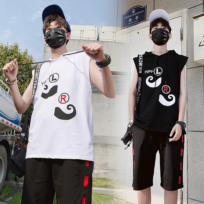 

2019 Summer New Style Fashion Japanese-style Loose And Plus-sized Sleeveless Hooded T-shirt Printing Short Shorts Set D634
