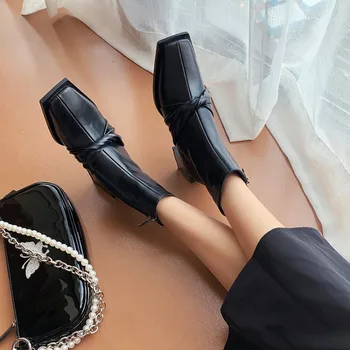 

MLJUESE 2021 women Ankle boots Cow leather Winter short plush Square Toe Zipper Butterfly-knot High heels female boots size 40