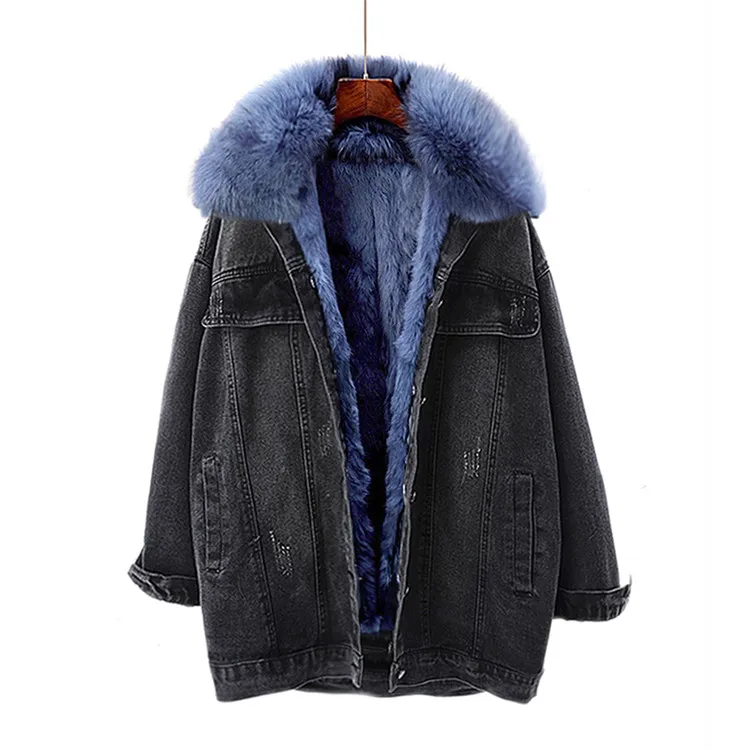 Vintage Winter Denim Jacket Women Korean New Removable Rabbit fur liner Fox Fur Collar Jean Coat Loose Thick Warm Jeans Jacket