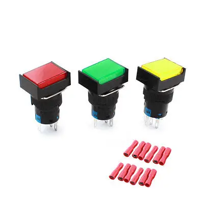 

3Pcs DC24V Light SPDT Momentary Rectangle Pushbutton Switch w Crimp Connectors