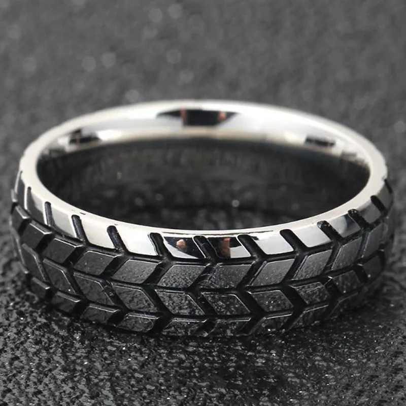 Anillo de acero inoxidable de Color dorado y plateado, anillos geniales con neumático de motocicleta para hombre, anillo de boda a rayas estilo Hip Hop Punk geométrico