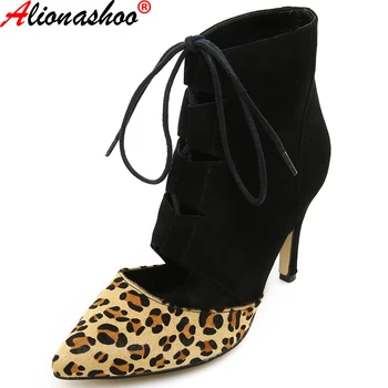 

Aliona Shoo Women Nature Cow Suede Ankle Boots Spring Fall Pointed Toe Leopard Horhair High Heel Boots Fashion Motorcycle Boots
