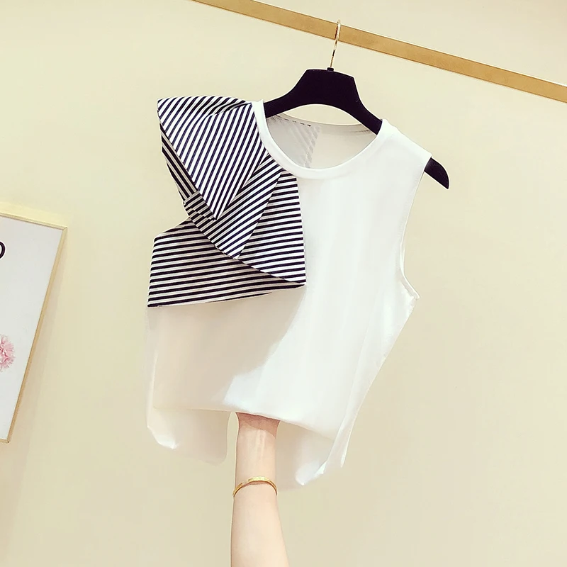 Summer Women's T-shirts New Temperament Stripe Ruffled Stitching Sleeveless Round Neck Tshirt Women Casual Joker T-shirts