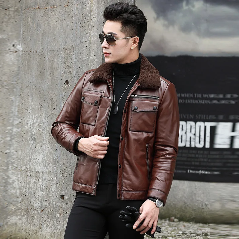 

Genuine Men 2020 Real Cow Leather Coats Men's Slim Jacket Duck Down Coat Winter Jaqueta De Couro YY511