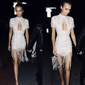 

Elegant White Bandage Dress High Quality Short Sleeve Bodycon Hollow Out Tassel Bodycon Wedding Party Dress Celebrity Vestidos