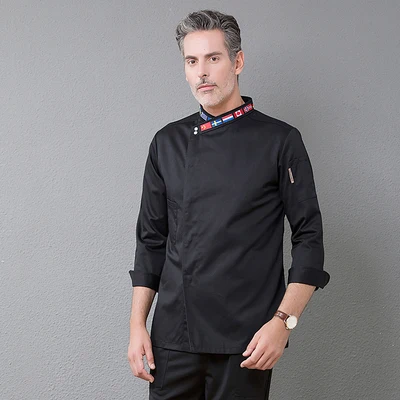 Black Long sleeve Высококачественная черно-белая M-4XL,, женская и мужская куртка с коротким рукавом, косой вышивкой, воротником, кухни, гостиницы, шеф-повара, форма для выпечки - Цвет: Black Long sleeve