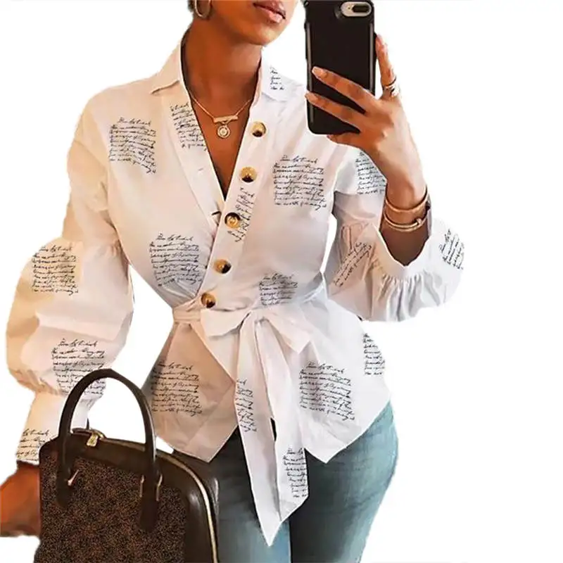 Женская блузка на пуговицах Повседневная Свободная с длинным рукавом и принтом