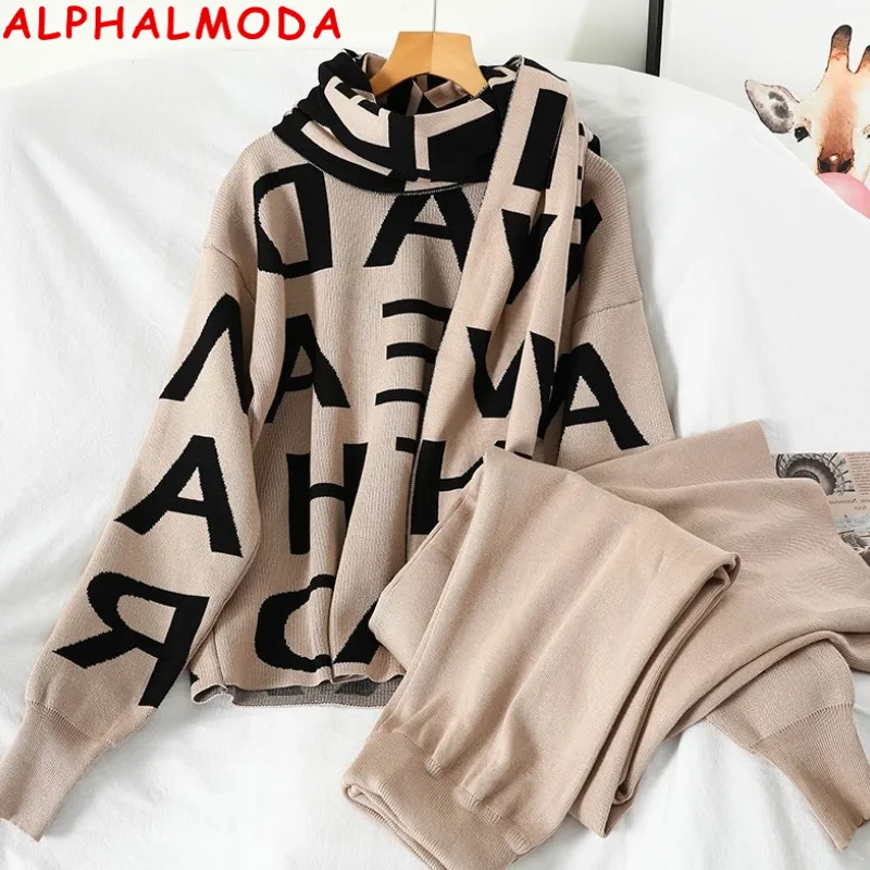 

ALPHALMODA 2020 Winter Women Letter Knitting Scarf Loose Sweater Pants 3pcs Knitting Suit Trendy Seasonal Loungee Wear Set