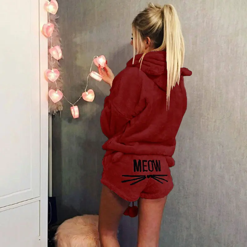 

2020 spring and autumn women's cat embroidered pajama hooded casual set of two pieces