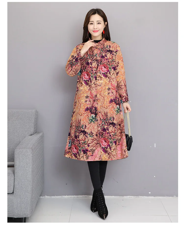 Photo Shoot Autumn And Winter New Style Large Size Retro Printed Cotton Linen Brushed And Thick Frog Overcoat Cotton Overcoat Ct
