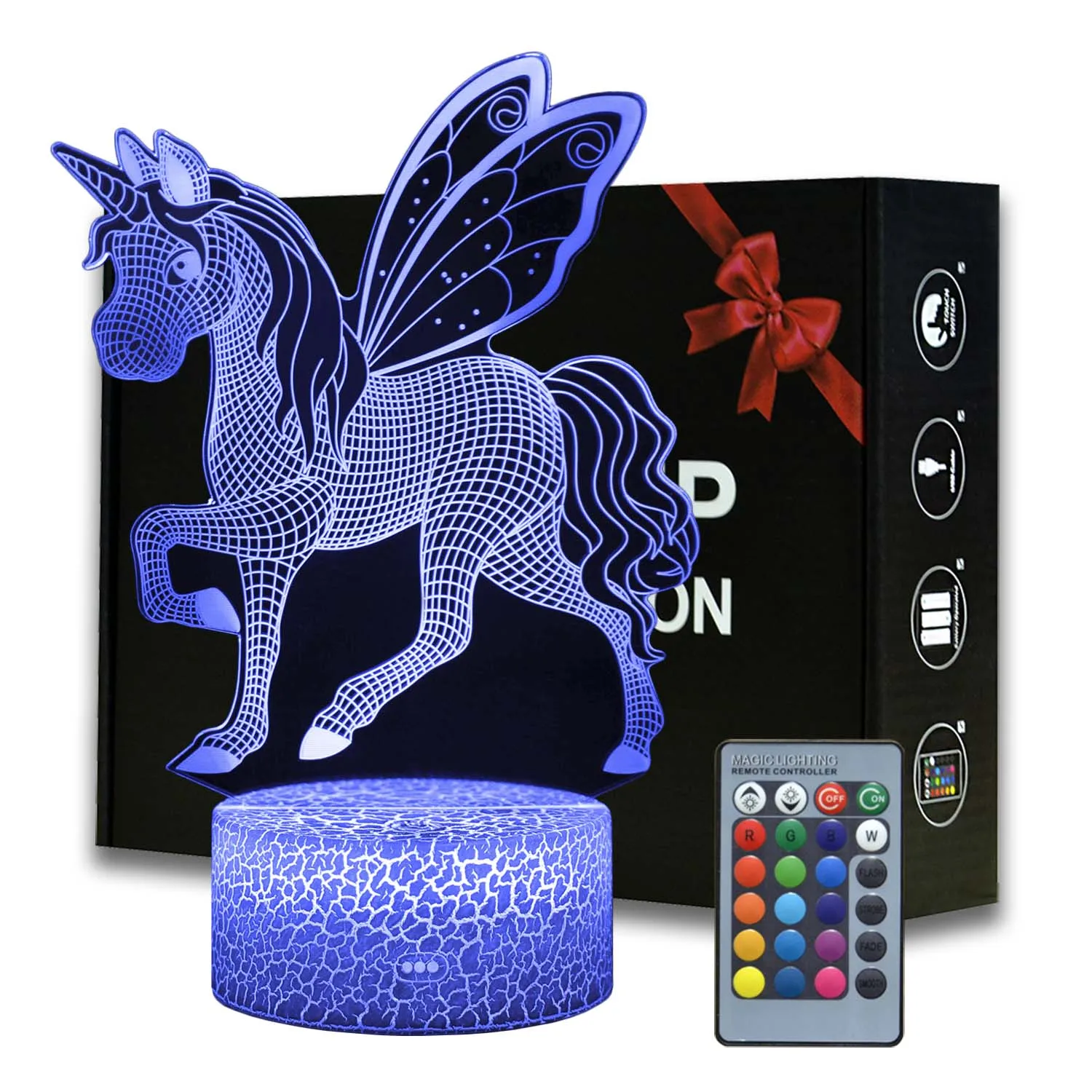 

3D Illusion Night Light Unicorn Model Touching LED Lamps Kids Bedroom Decor Rainbow Atmosphere Horse Lights With Remote Control