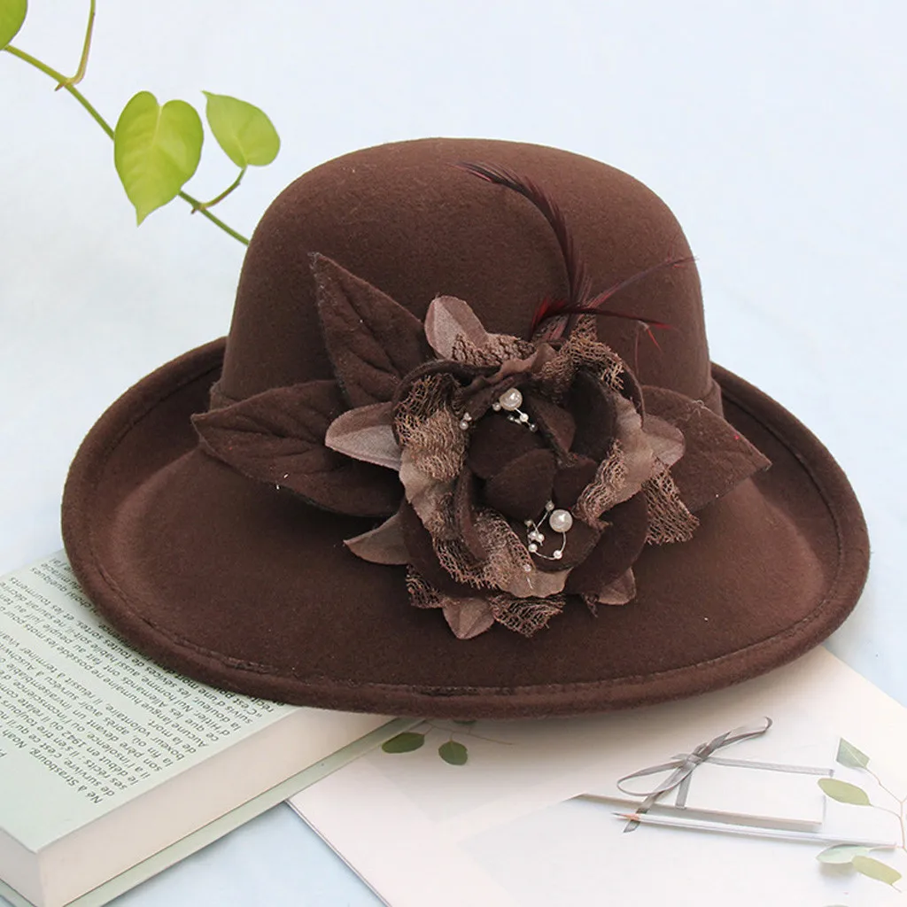 Шапки Весна Зима Новая мода для женщин Твердые Перья цветок жемчуг вьющиеся Формальные шляпа элегантный дизайн шерсть шапки# D3