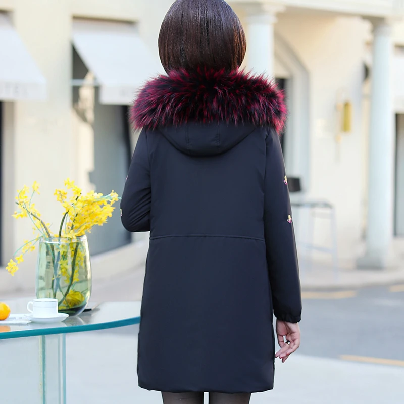 New Parkas Female Fur collar Winter Coat Women Thick Cotton Winter Jacket Women Fashion Outwear Parkas Mother's embroidery Coat